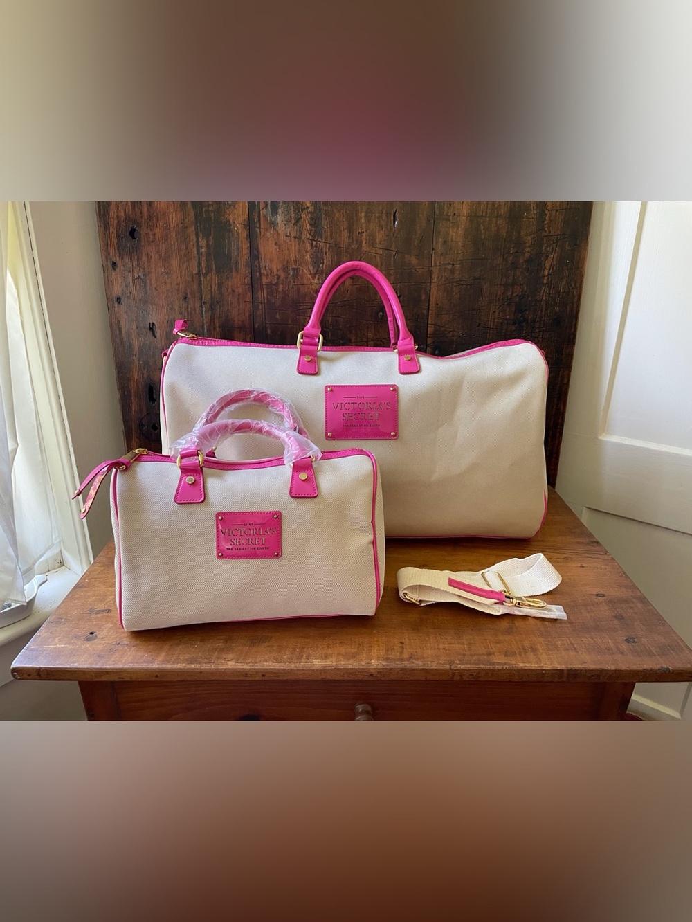 Victoria's Secret Weekender Duffel Bag Canvas Cream Hot Pink Y2K Travel Satchel - Picture 13 of 13